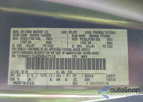 2002 Ford E-150 Xl/Xlt из США, поврежденный, VIN 1FMRE11L62HB47155